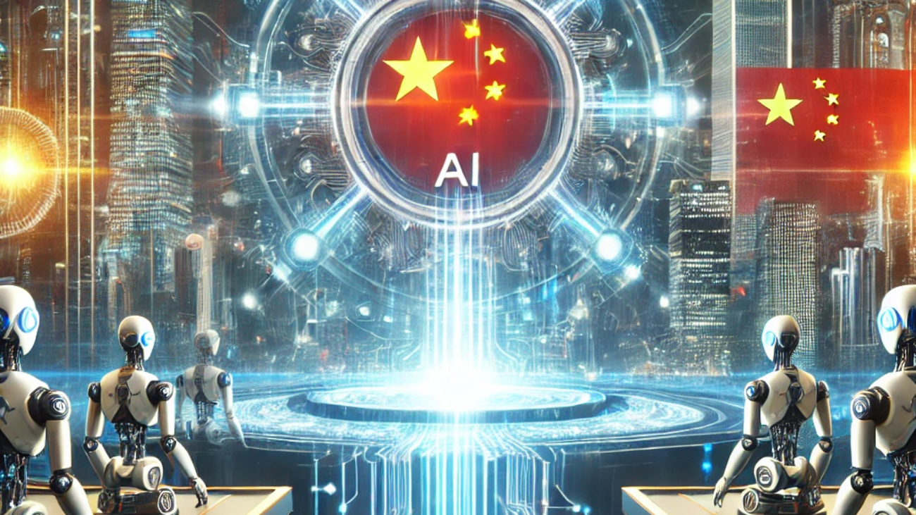 Futuristic depiction of Deep Seek AI, China’s emerging AI powerhouse, featuring glowing data streams, robotic arms, and a high-tech cityscape.