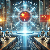 Futuristic depiction of Deep Seek AI, China’s emerging AI powerhouse, featuring glowing data streams, robotic arms, and a high-tech cityscape.