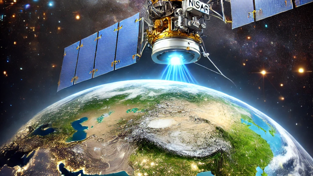 Satellite in orbit capturing Earth’s surface for the NISAR project, a collaboration between NASA and ISRO, focused on advanced Earth observation and climate monitoring to study environmental changes and natural disasters.