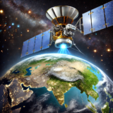 Satellite in orbit capturing Earth’s surface for the NISAR project, a collaboration between NASA and ISRO, focused on advanced Earth observation and climate monitoring to study environmental changes and natural disasters.