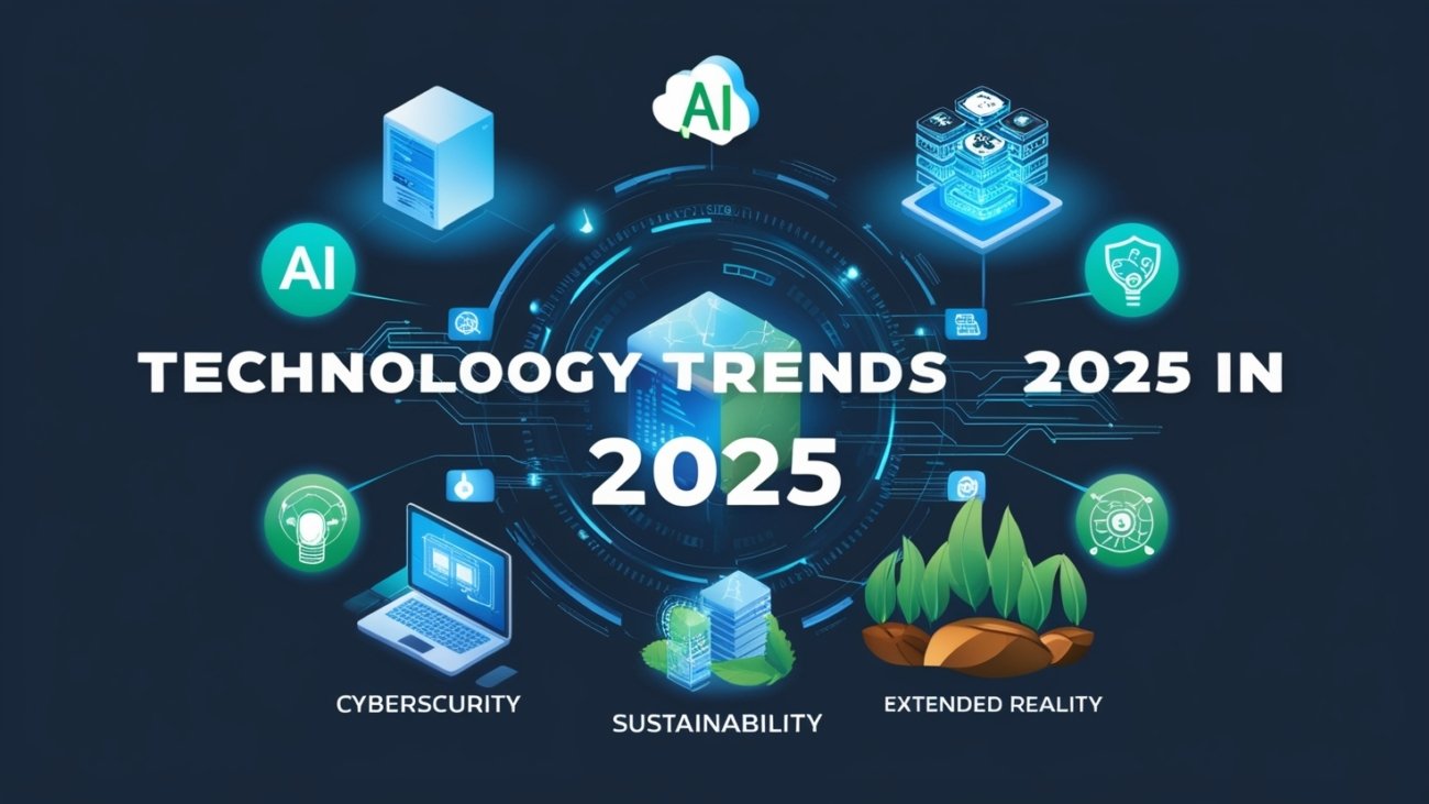 A futuristic vision of technology trends in 2025, featuring AI-driven automation, flying cars, holographic displays, and a high-tech workspace with humans and robots collaborating.