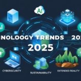 A futuristic vision of technology trends in 2025, featuring AI-driven automation, flying cars, holographic displays, and a high-tech workspace with humans and robots collaborating.