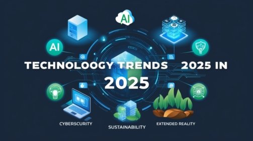 A futuristic vision of technology trends in 2025, featuring AI-driven automation, flying cars, holographic displays, and a high-tech workspace with humans and robots collaborating.